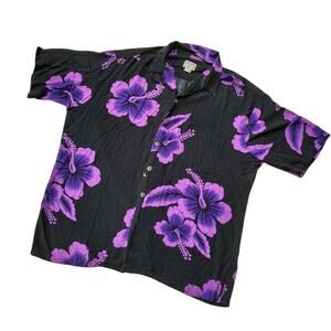 Aloha Hut Hawaii Purple Black Floral Casual Short Sleeve Hawaiian Shirt XL